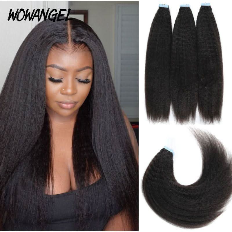 WOWANGEL Tape in Hair Extensions Kinky Straight Natural Black Human Hair 40pcs 100g - Image 3